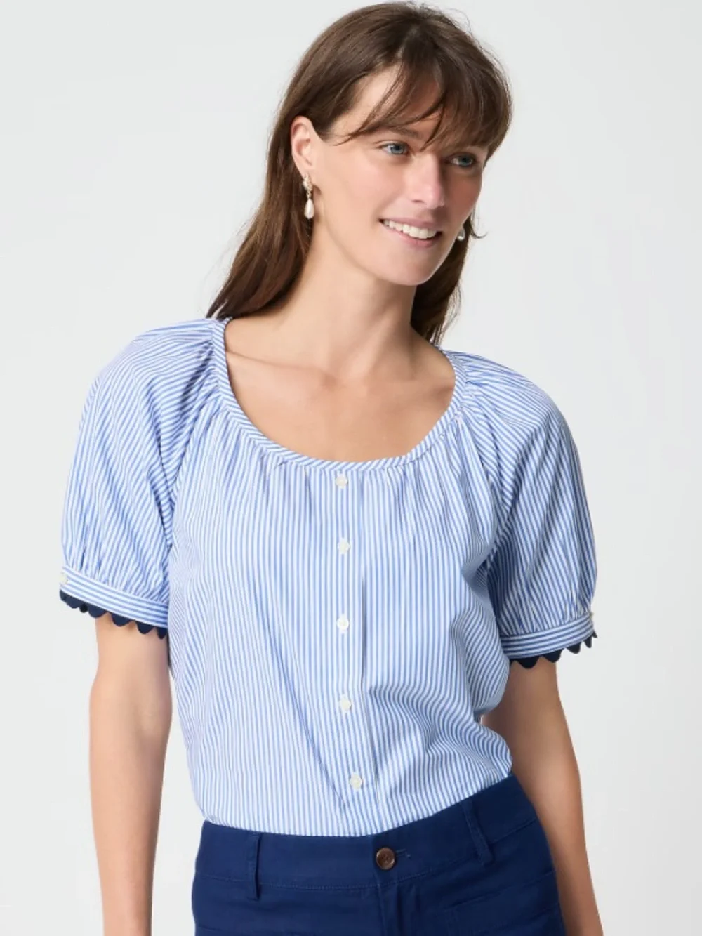 NWOT J Crew Women's Blue Stripe Button-Front Puff Sleeve Top